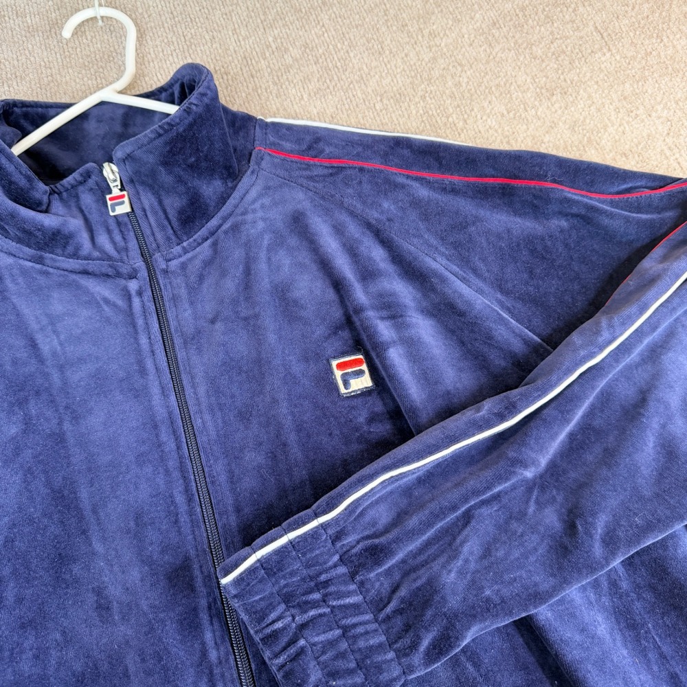 Vintage Fila Velour Track Jacket Navy Blue Red White‎ Stripe Full Zip Mens 3XL